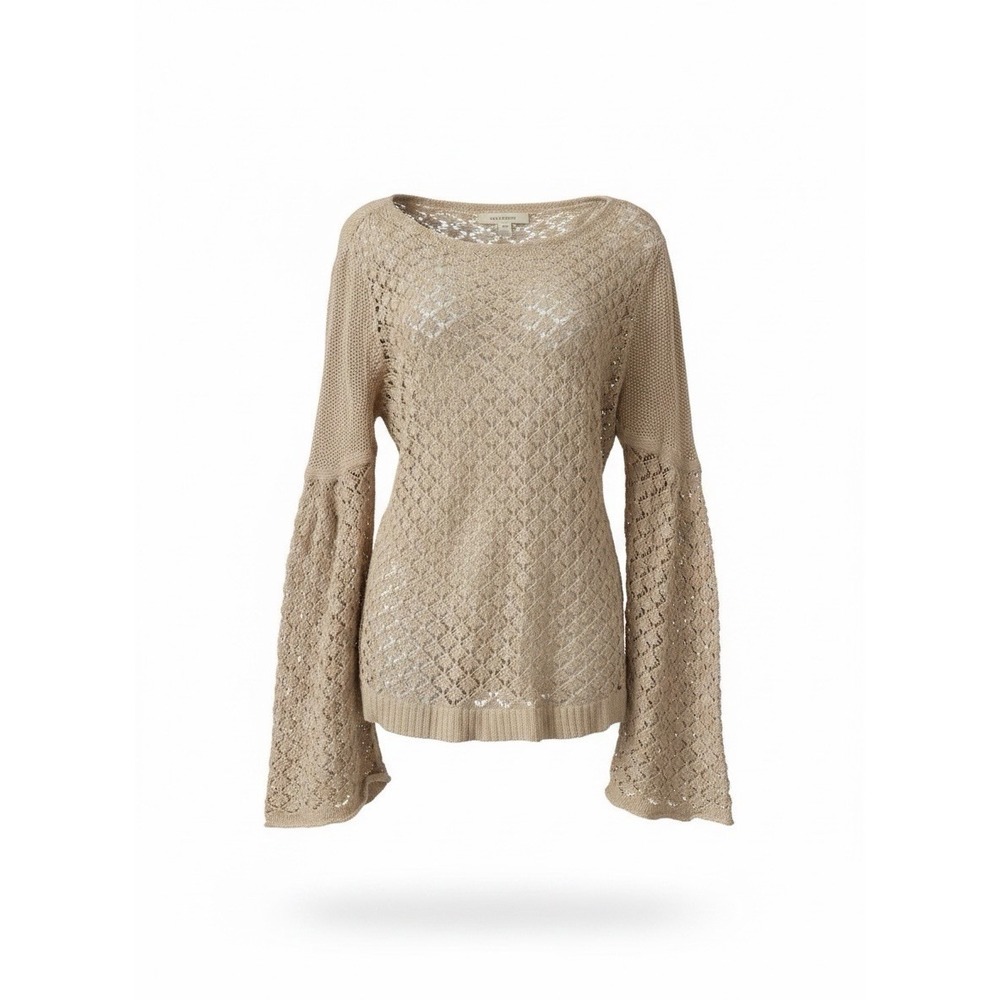 Sundance Boho Linen Bell Sleeve Tan Open Knit Crochet Lagenlook Sweater Size XL